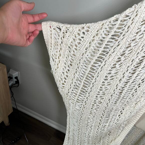 Cream Fringe Knit Crochet Long Cardigan Sweater Sz M/L Boho Coverup - Picture 6 of 8